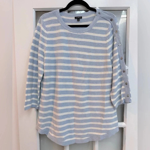 Talbots | Blue Striped Crew Neck Sweater Size Large L Petite Coastal Preppy - Picture 2 of 6